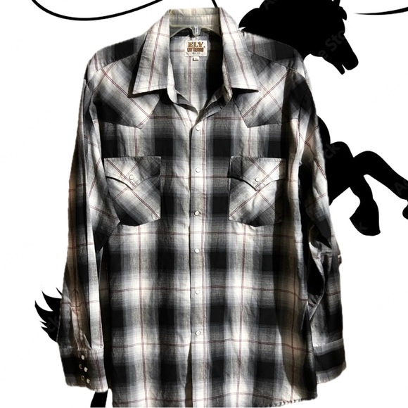 Ely Men's Western Black and Gray Plaid Shirt Pearl Snaps Size XL - Picture 1 of 5
